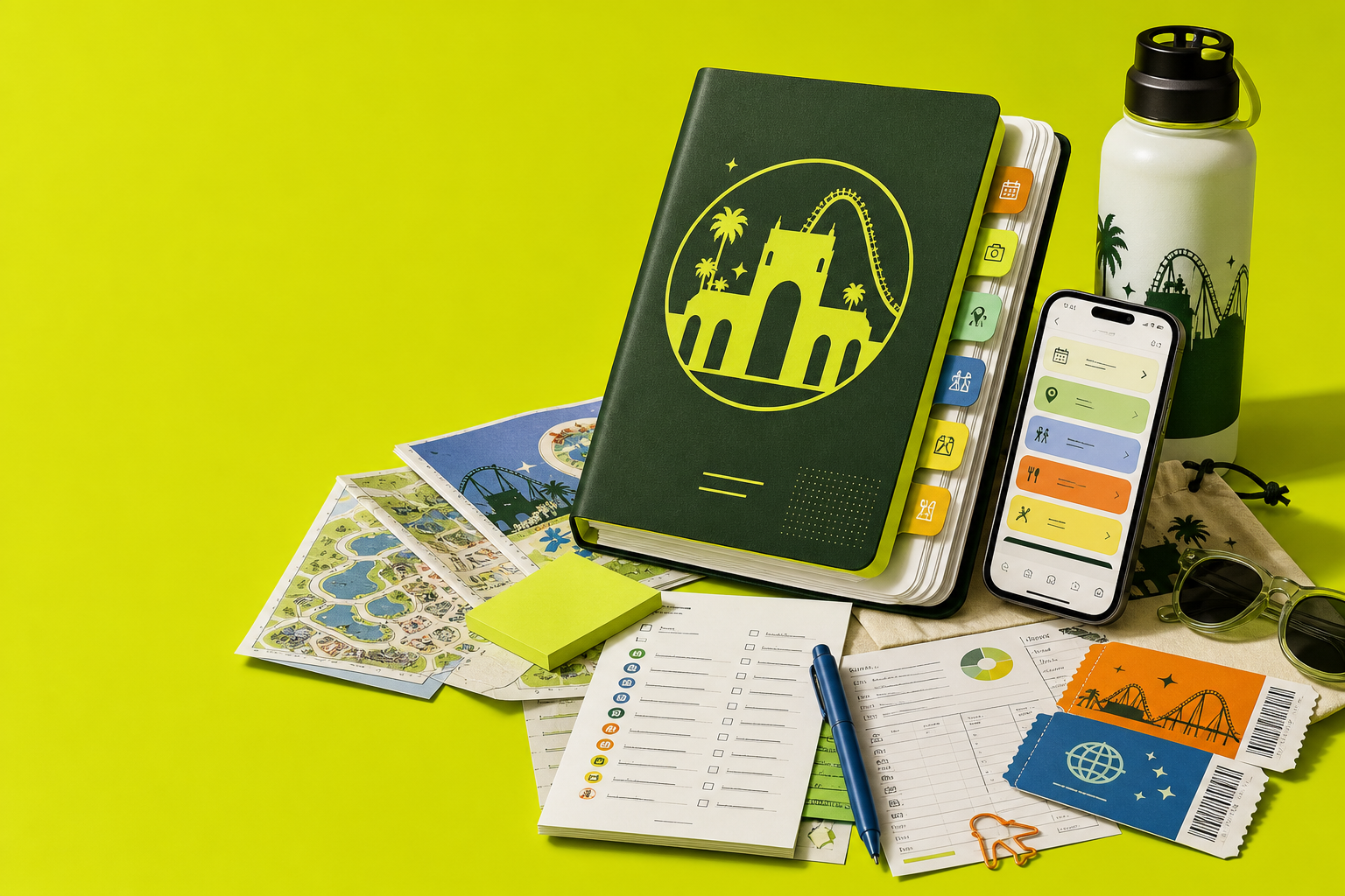 Premium Universal Orlando trip planning bundle with guidebook, phone itinerary cards, worksheets, map shapes, and park day items