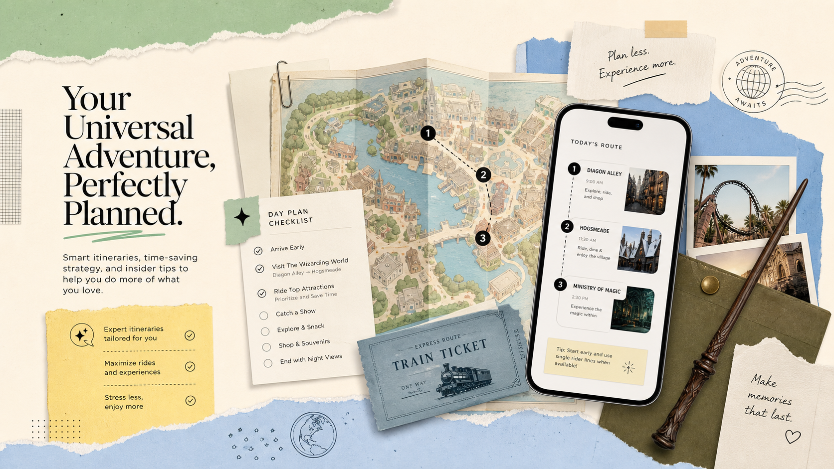 A scrapbook-style Universal Orlando route map with a checklist, train ticket, wand note, and phone mockup